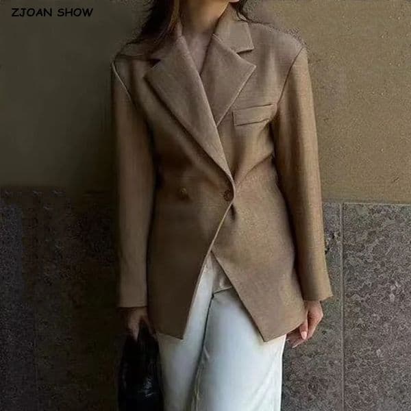 2024 CHIC Double Buttons BF Blazer Boyfriend Vintage Women Notched Cut out Front Hem Long Sleeve Suit Loose Female Coat Camel 251124