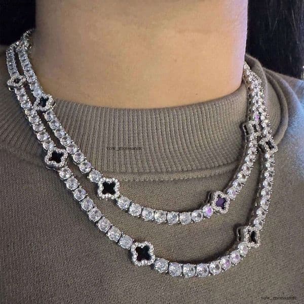 Iced 3mm 4mm 5mm 925 Silver Chrysolite VVS Moissanite Tennis Necklace IGI Clover 18k Flower Design 14k GRA Unisex Jewelry