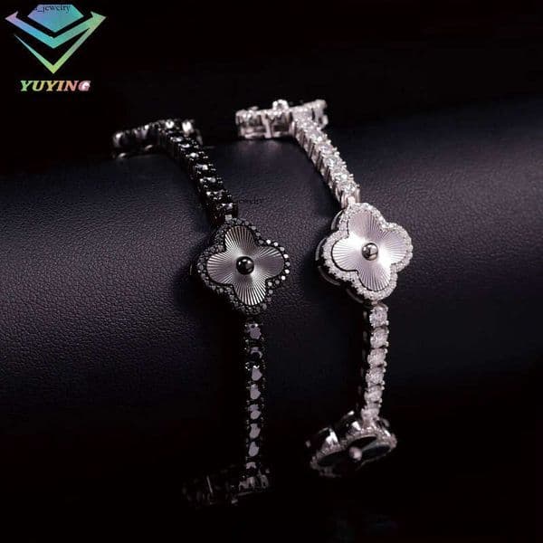Lucky Clover 3mm S925 silver Black/Yellow/White Gold Plated VVS Moissanite Cuban Bracelet with GRA Certificate 0f