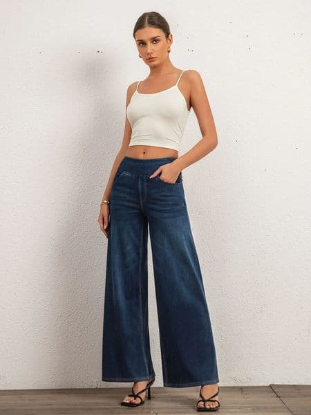 Shaspullfits Comfortable Loose Wide Leg Jeans Deep Blue Denim Pants Elastic Waist 250420BANJIA