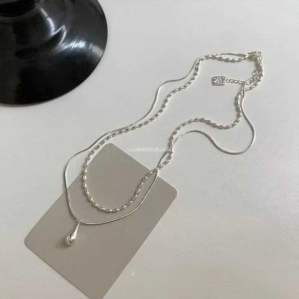 2025 Silver Simple Design Drop Pendant Necklace for Women Double Collar Chain Fashion Fine Jewelry Gifts Long Layered Necklace Z251126