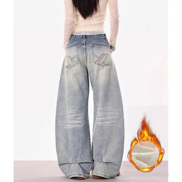 Winter Female Chic High Waist Thermal Jean Retro Fashion Snow Warm Denim Pants Lady Baggy Casual Plush Trousers 2L260529