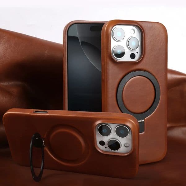 Stand Bracket Genuine Leather Case For iphone 16 Pro Max 16e 15pro 14 13 12 11 Full Wrapped Phone Cases CoverMagnetic Holder 251121