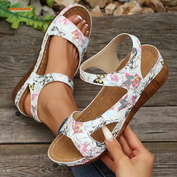 Vintage Print Wedge Sandals for Women 2025 Summer Ankle Strap Non Slip Beach Shoes Woman Lightweight Platform Sandles Plus Size ddmykukumalu