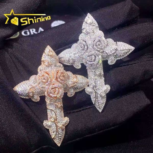 Premium Jewelry Iced Out 3D 925 Sterling Silver Hip Hop VVS Moissanite Cross Pendant Pass Moissanite Tester CZ