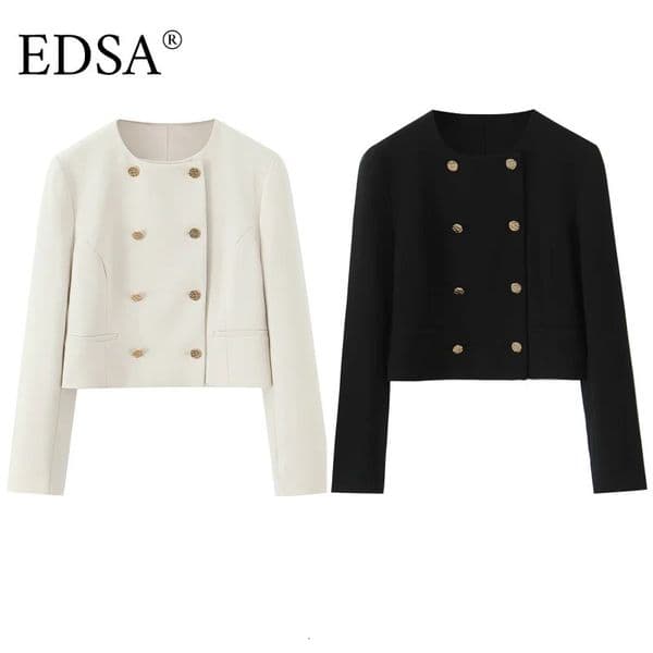 EDSA Women Cropped Double Breasted Blazer Jacket Oneck Long Sleeves for Office Lady Outerwear Coat 251124