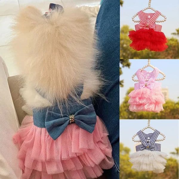 Princess Cat Summer Dress Dog Lace Leather Coat Pet Clothing Striped Chihuahua Puppy Cute 250425