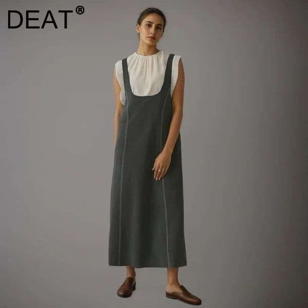 DEAT Fashion Open Wire Fringed Spaghetti Strap Dress Women's Loose Fit Sleeveless Side Pockets Mid-Calf Dresses New Tide 7Ab9197