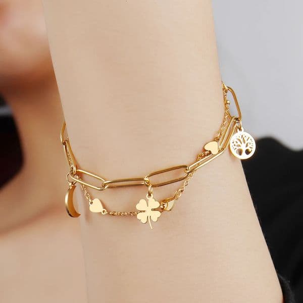 316L Stainless Steel Clover Bracelet For Women Bohemian Moon Double Layer Chain Bracelets Jewelry Gift 251125