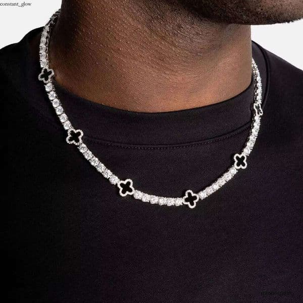 Iced 3mm 4mm 5mm 925 Silver Carbonite VVS Moissanite Tennis Necklace Clover Floral Design Chain Unisex Jewelry a3