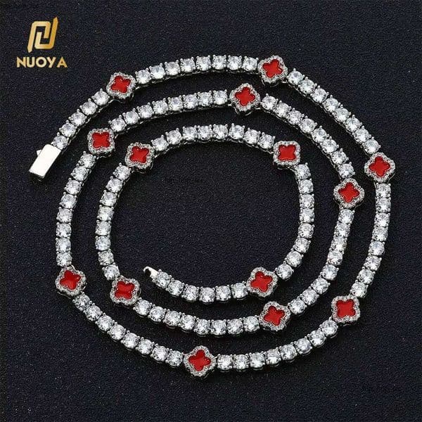 NUOYA Women's Gift Jewelry Silver Plated Multicolor Four-Leaf Clover GRA Iced VVS Moissanite Hip-Hop Tennis Chain Necklace