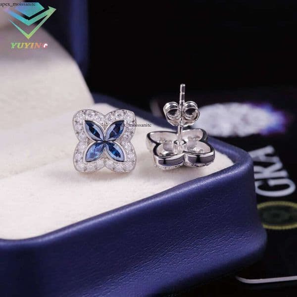 VVS Moissanite Wholesale 925 Sterling Silver Colorful Jewelry for Men and Women Hip Hop Green Blue Chrysoprase Clover Stud Earrings