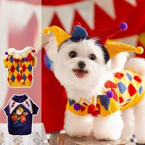 Dog Clown Sweater Clothing Halloween Cute Funny Crazy Circus Sweater Hat Warm Quirky Dogs Cat Set Autumn Winter Clothes Dress Y251126