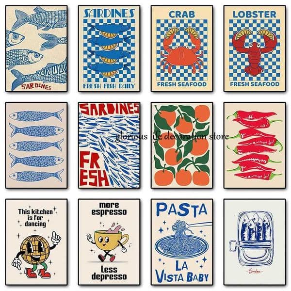 Retro Sardines Crab Lobster Poster Fish Print Canvas Painting Food Fruit Wall Art Picture for Kitchen Restaurant Cafe Decor Y251126