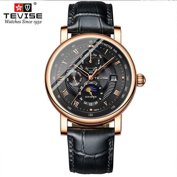 Tevise Brand designer wristwatch Men's Mechanical Tourbillon Sun Moon Stars Waterproof Business Dual Calendar Watch luxury automatic watch
