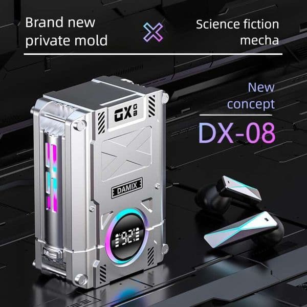 DX08 Wireless Bluetooth Earphones Mechanical Metal Feel TWS Noise Cancelling Digital Display Power Bank Battery Life Export Gaming Style