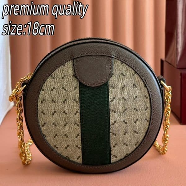 (Order by pic in opt, not by desc) Retro Round Shoulder Bag - Mixed Material (Canvas & Leather) with Gold Hardware