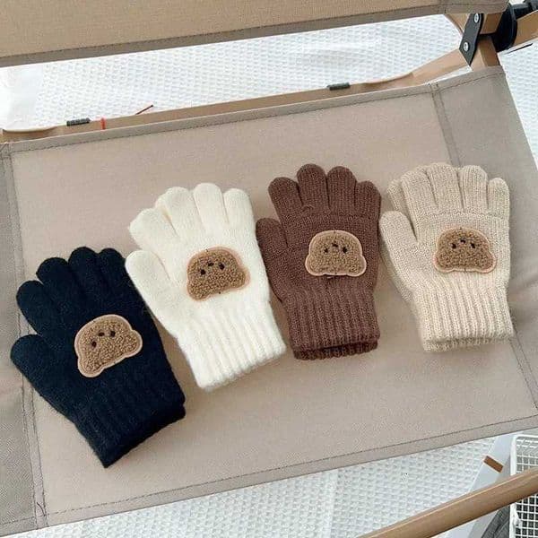 3-7Y Baby Cartoon Bear Mittens Winter Warm Kids Girl Solid Doll Gloves Knitted Children Toddler Thick Teething Mitten HandschoenW251126