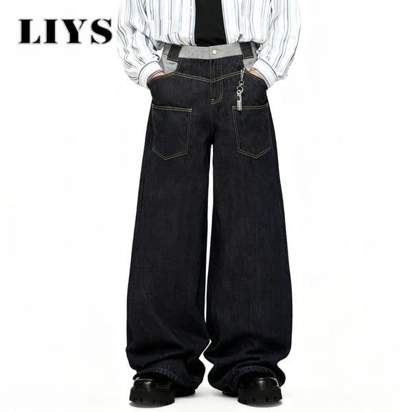 American Mens Black High Street Baggy Wide Leg Jeans Multiple Pockets Double Waist Splicing Reverse n Unisex Denim Pants 251114