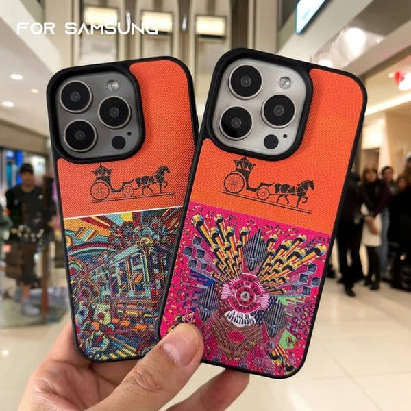Vintage carriage phone case for Samsung Galaxy S25 24 23 Ultra plus cover Luxury Anti drop funda leather fashion orange cases