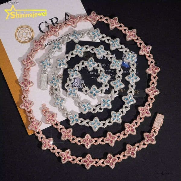 15mm Iced Out Hip Hop IGI Jewelry Bracelet 925 Sterling Silver Marquise Diamond VVS D Moissanite Cuban Chain Clover Necklace
