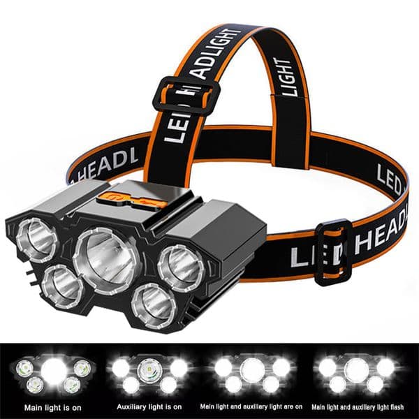 High Power 5 LED Flashlight Rechargeable With Built in Battery Strong Light Camping Adventure Fishing Head Light Headlamp