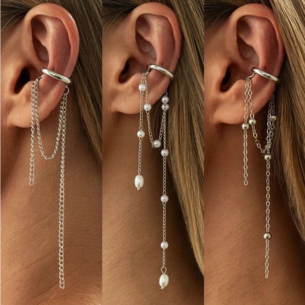 Long Tassel Chain Y2K Ear Cuff Clip Without Hole C Shape Earring for Women Cartilage Kpop Pearl Earrings Jewelry 251126