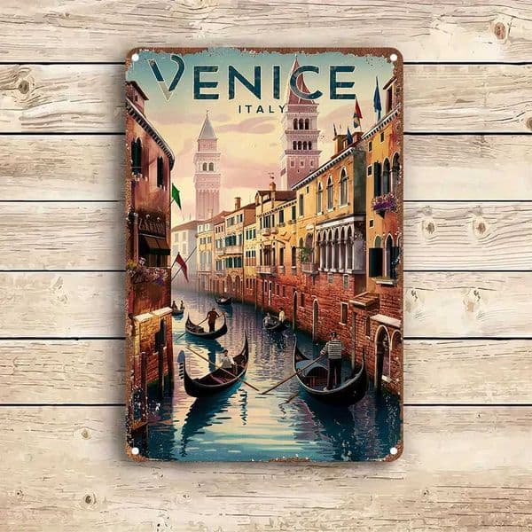 Vintage Venice Italy Landscape Metal Tin Sign - Rustic Wall Art with Gondolas Historic Buildings Perfect for Home Bar Cafe Y251127