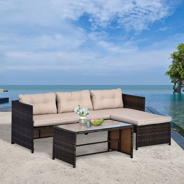Wholesale 3 Piece Patio Furniture Set Rattan Outdoor Sofa Set Chaise Lounge Loveseat Soft Cushions Tempered Glass Table L-Shaped Sectional Couch garden furniture