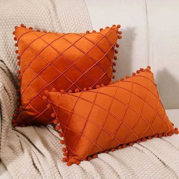 30x50cm 45x45cm Velvet Throw Pillow Cover with Cute Pompom Orange Pleated Decorative Farmhouse Boho Pillowcase Cuscini Divano W251127