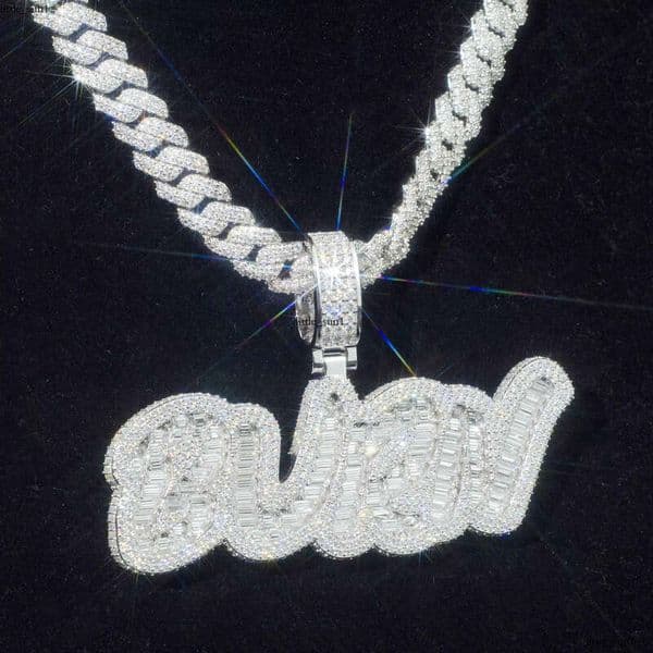 Custom Iced Out Vvs Pass Moissanite Test Baguette Moissanite 925 Sliver Gold Name Letter Hip Hop Pendant Necklace Fine Jewelry Men CH