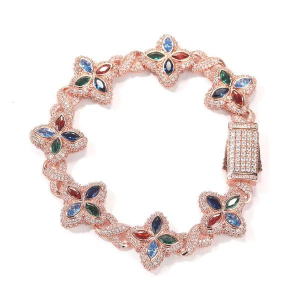 Unisex 18mm Marquise Flower Design New 5A Zircon Cuban Link Chain Rose Gold Brass Necklace for Weddings and Hip Hop Style