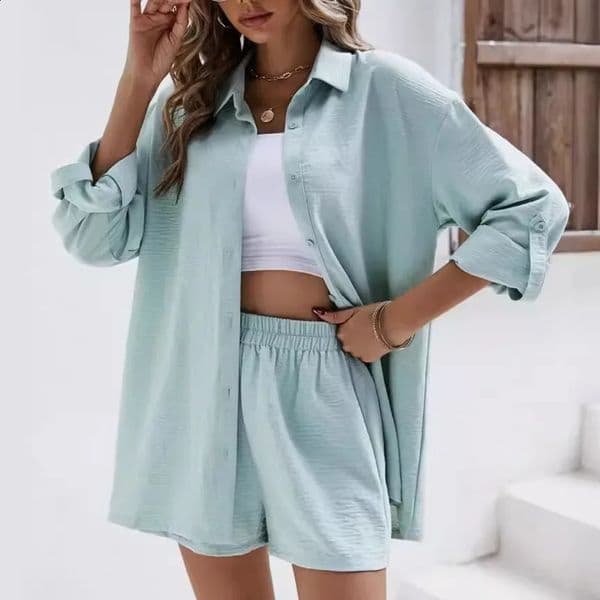 Fashion casual suit womens clothing for spring solid color collar long sleeved shirt high waisted shorts elastic waist skiing 250423