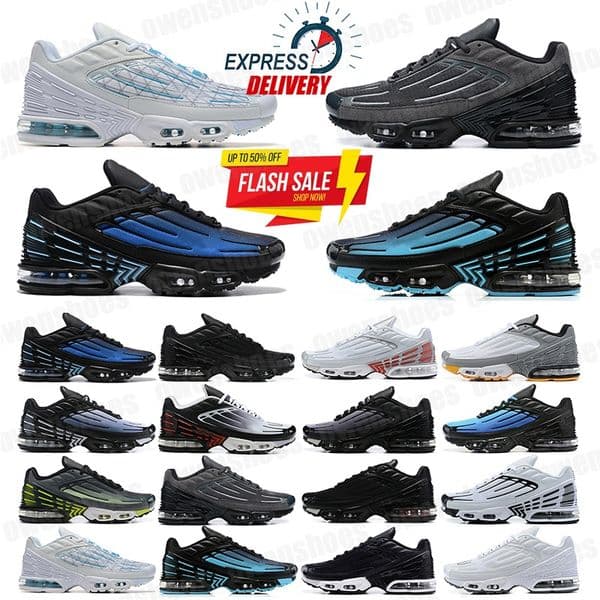 Designer Tns Plus 3 Tuned III Women Mens Running Shoes Cool Grey White Leather OG Black Laser Blue Green Aqua Claystone Red Trainers Sports Sneakers Big