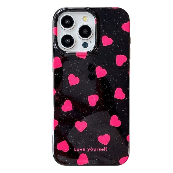 Black Background Heart Phone Case Suitable for iPhone 16/15/14 Pro Max Ins Glitter Half Cover New Model