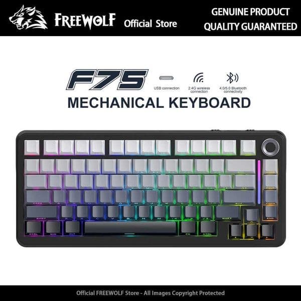 F75 Mechanical Keyboard Wireless with Metal Knob FREEWOLF 75 RGB Hot-Swap Gaming Keyboard 4000mAh High Power for PC and LaptopsM251128