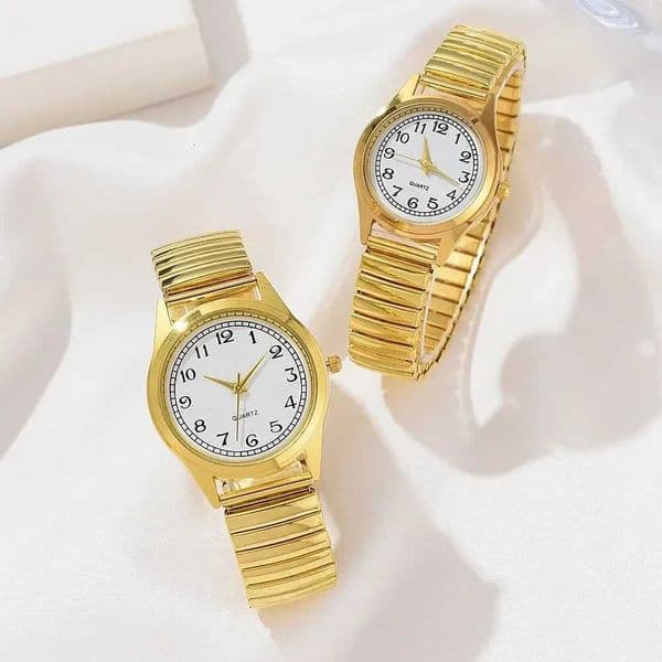 2 PCS Of Gold Retro Round Pointer Quartz Watch Classic Simation Elastic Band Watch Suitable For Both M And Fem Couples X251128