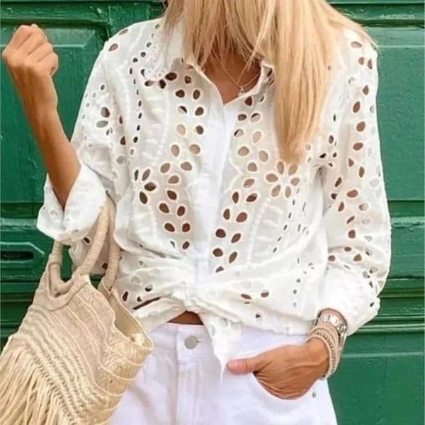 Fur Coat Lace Button Up Shirt - Women's Elegant Long Sleeve Blouse Office White Collar designer shirt woman Top Woman Designer Clothe