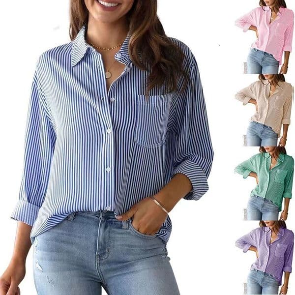Women's Classic Striped Long Sleeve Button-Up Shirt With Pocket For Office Work Stylish Top Casual Businesswear R250429