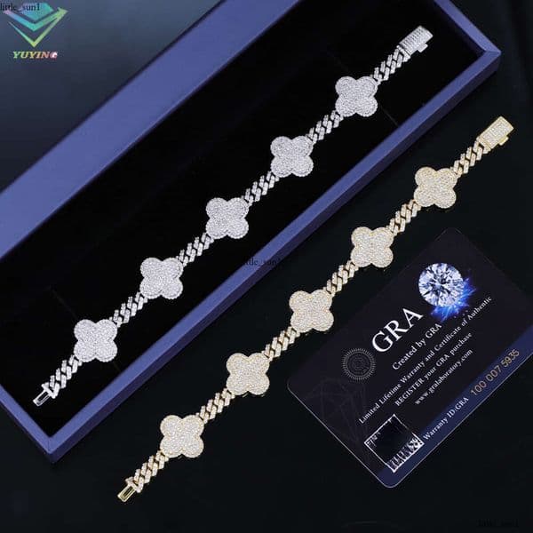 925 Silver Gold Plated Clover VVS Moissanite Silicon Stone Bracelet New Design Cuban Men and Women Hip Hop Style Chain CH