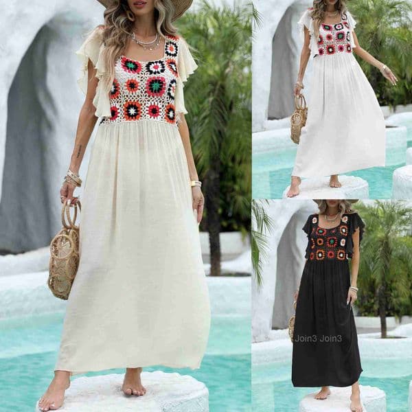 Hoodie womens clothing color random hand hook flower splicing bamboo knot cloth lotus leaf edge long skirt beach dress