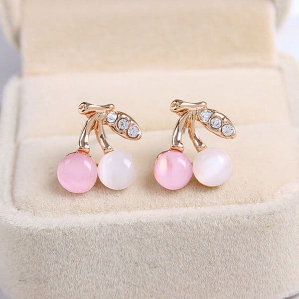 Korean Style Color-Retaining Cat's free shipping Eye Stone Cherry Stud Earrings Sweet Dia-Studded Fruit Ear Jewelry