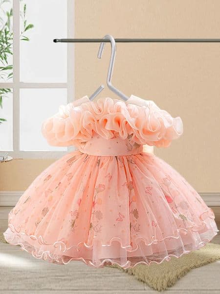 Infant Baby Girl Christening Gown Floral Lace Embroidered Tulle Ruffled Sleeveless A Line Dress with Bow Detail 251129