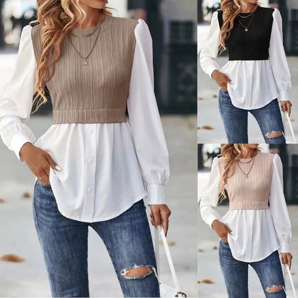 Womens White Blouse Spring Autumn Casual O-neck Puff Sleeve Wave Strip Splicing Fashion Shirt Top Streetwear Women Clothing R250429