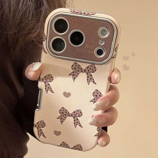 Brown Leopard Print Bow With Shaped Leather Phone Case For iPhone 17 16 15 14 13 Pro Max Y2K Cover Ins Girl Series Niche H251129
