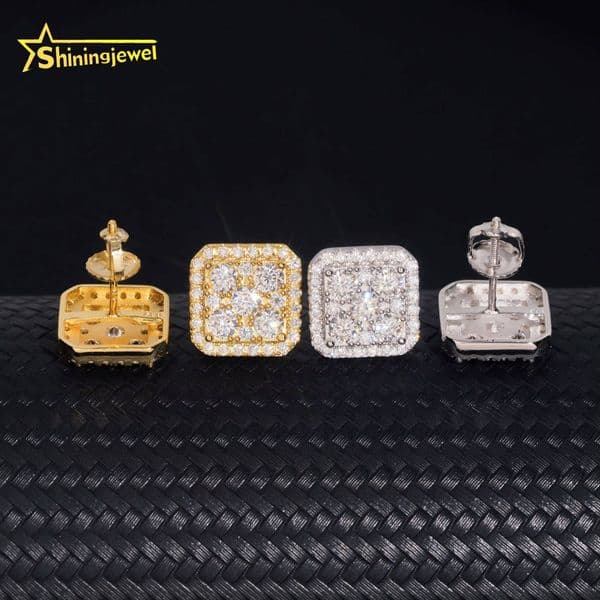 Fine Jewelry 925 Sterling Silver Men Hip Hop Gold Plated Iced Out Square Shape Moissanite Stud Earrings