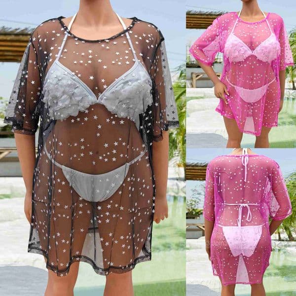 Beach Hoodie Large Womens Dress Sexy Perspective Mesh Star Hot Gold Long T-shirt Bikini Hoodie