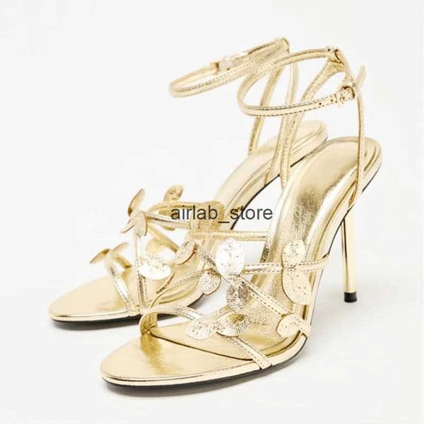 Elegant Gold Leaf Narrow Band High Heeled Sandals Women Fashion Open Toe Ankle Buckle Dress Shoes Luxury Brand Designer Shoes Q251129