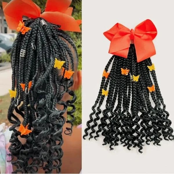 Kids Braided Ponytail with Beads and Bow Kids Hair Extension Ponytail with Curly End for Girls Black Girl Hair Accessories 251128BJ