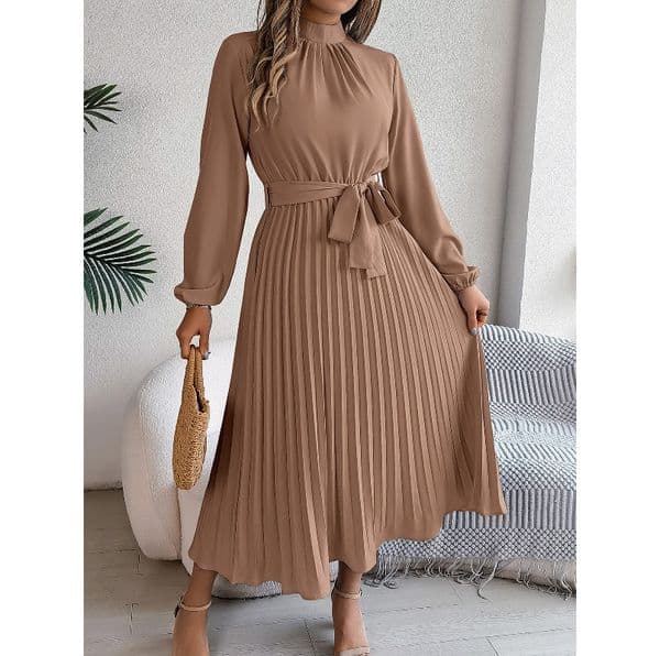 (1033) European and American Autumn and Winter Elegant Stand-collar Long-sleeved Waist Pleated Long Skirt